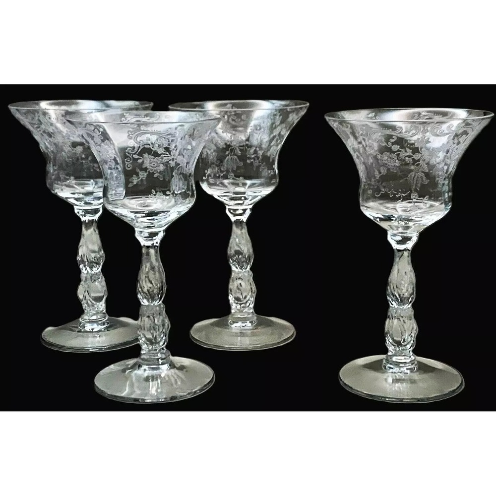 4 Cambridge Chantilly Etch Crystal Elegant Stemware Glasses 3625 Stems 5.75" Vtg